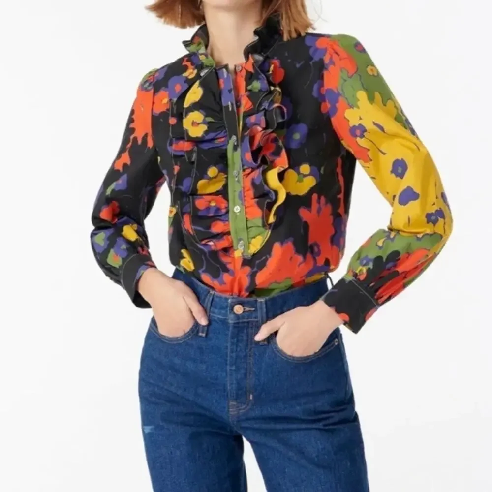 J.Crew Collection Cotton Ratti Melting Floral Ruffle Front Blouse Sz.S NWT